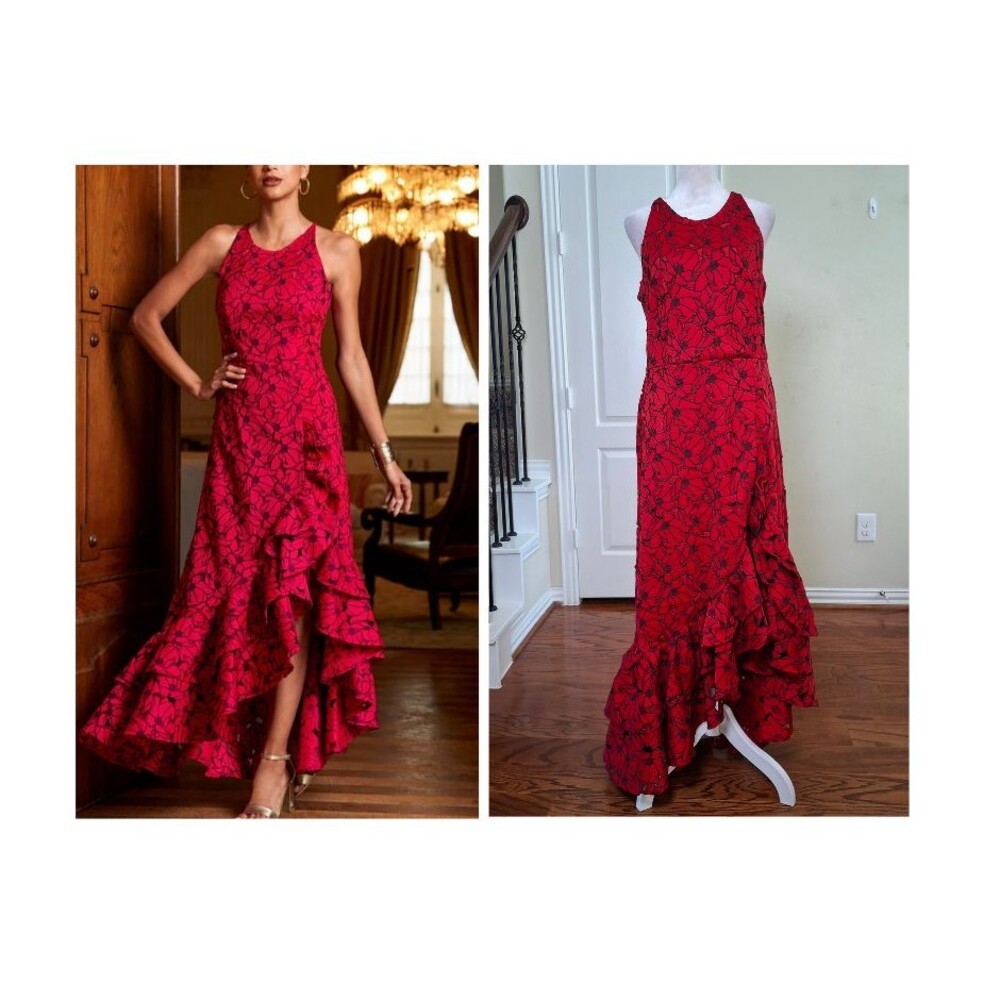 Boston Proper Halter Lace Ruffle Gown Red 10 Wedding Guest Holiday Christmas
